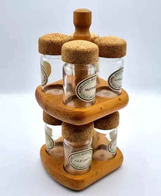 Wooden Spice Rack Stand Vintage Freestanding 8 Glass Jars