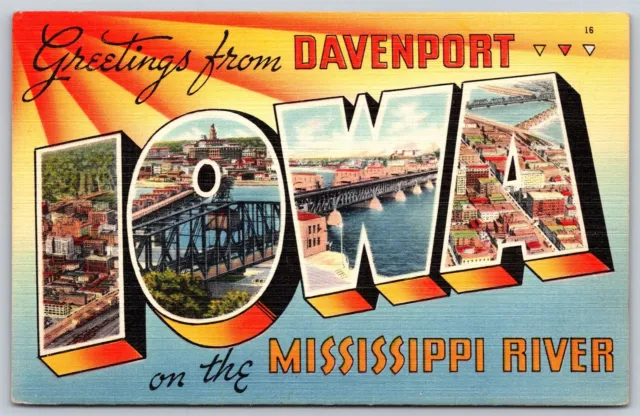 Postal Saludos desde Davenport Iowa Carta Grande Lino O121