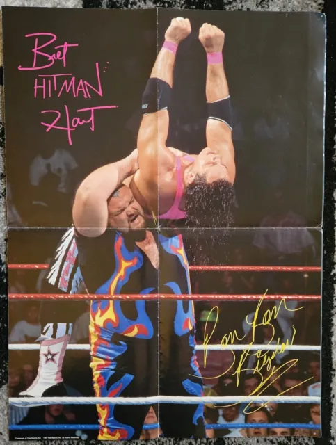 Vintage WWF Large Poster, "Brett The Hitman Hart" Magazine, Facsimile Signed.