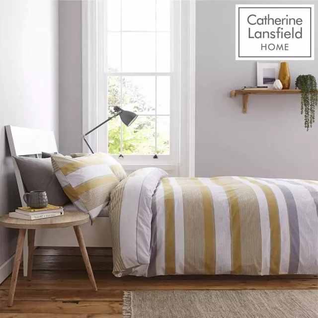 Catherine Lansfield Stripe Abstract Duvet Quilt Cover Set, Grey/Ochre Yellow