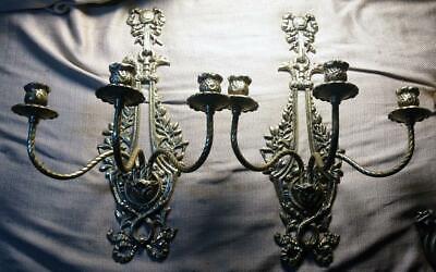Old Vintage Cast Yellow Brass 3 Arm Candle Wall Sconces Set Pair of Two 2