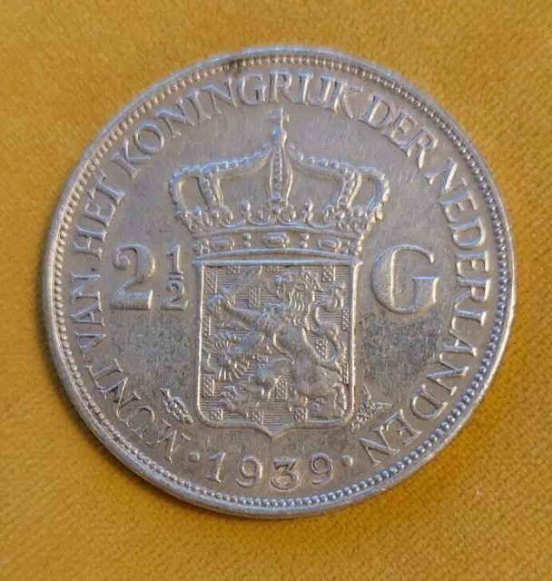 1939 - 2 1/2 Gulden - Wilhelmina - Netherlands Silver Coin
