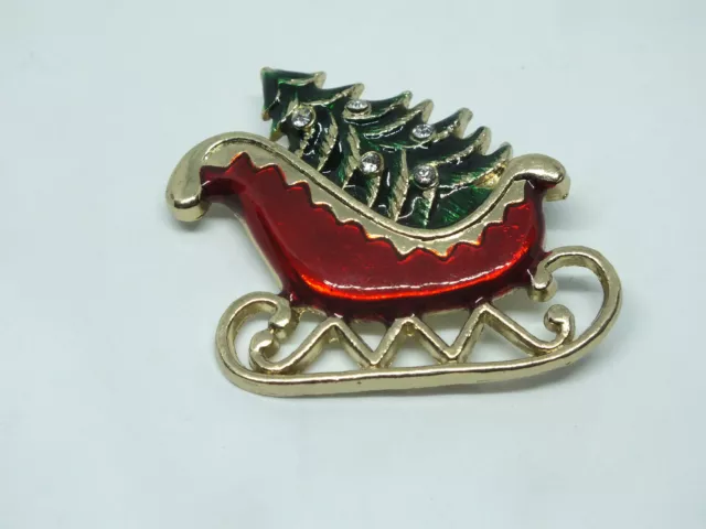 Beautiful Brooch Pin Christmas Sleigh Tree Red Green Enamel Clear Rhinestones