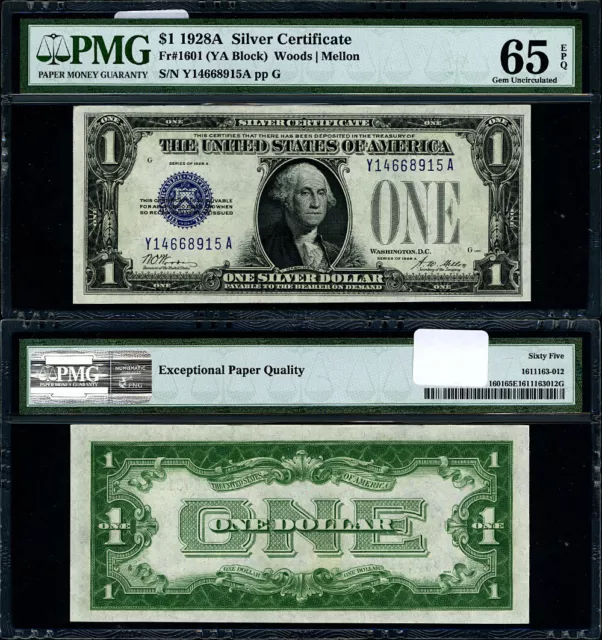 FR. 1601 $1 1928-A Silver Certificate Y-A Block Gem PMG CU65 EPQ