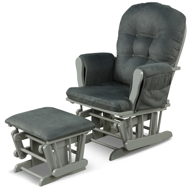 Glider and Ottoman Cushion Set Wood Baby Nursery Rocking Chair Dark Grey