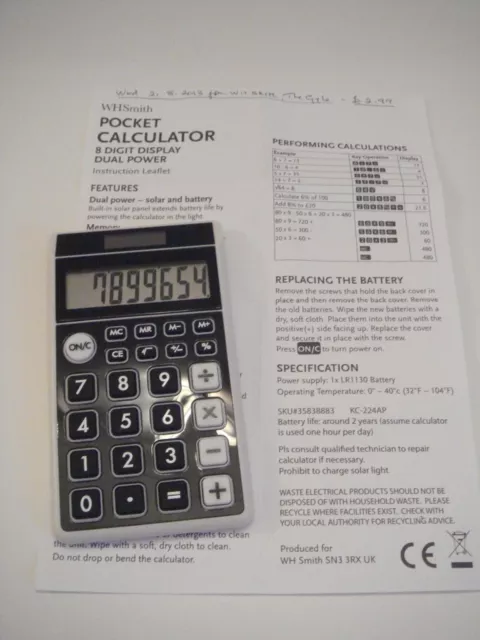 WH Smith 8 Digit Display Dual Power (Solar / Battery) Pocket Calculator