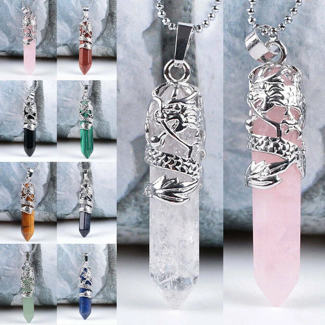 Natural Hexagonal Gemstone Pendants Chakra Healing Quartz Crystal Point Necklace