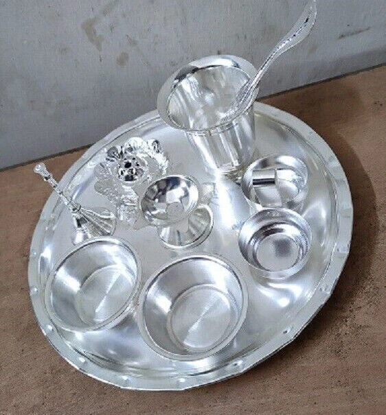 Indian Traditional Silver Plated Pooja Thali 9 Piece For Daily Use