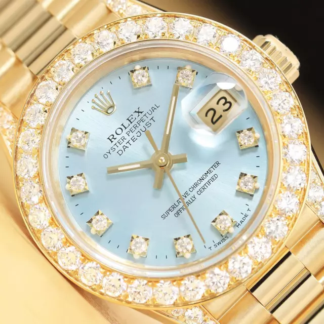 Rolex Donna Datejust 69178 Fabbrica Diamante 18K Oro Ice Blu Orologio 1.5 KT