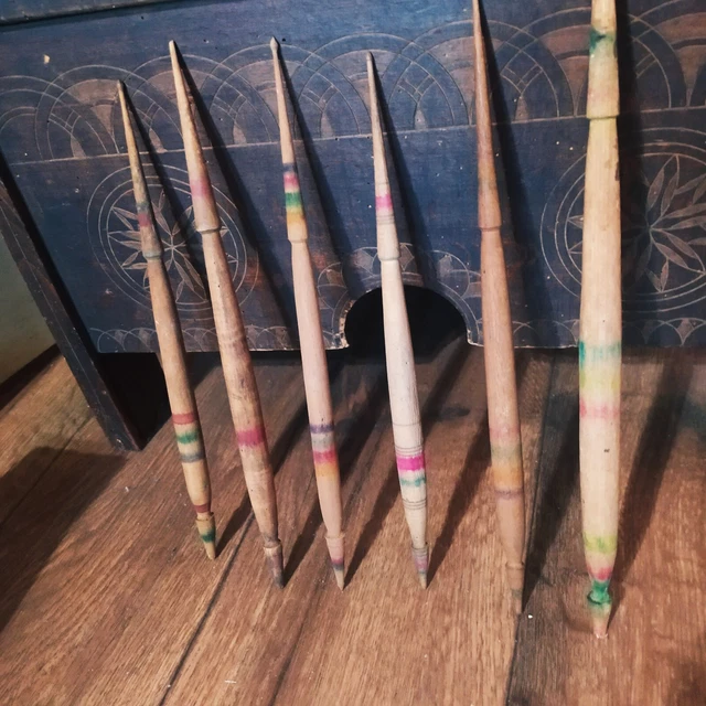 Antique 19thC Old Lot 6 Wooden Spools Bobbins Spindles Vintage