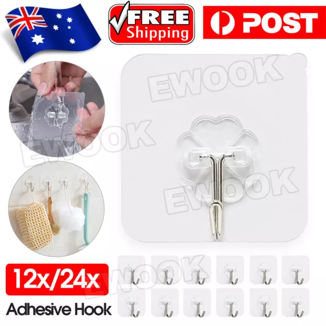 24X Clear Seamless Removable Adhesive Hook Strong Stick Wall Hook Kitchen Hanger