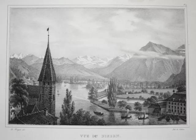 Niesen Kulm Mülenen Berner Oberland Schweiz echte alte  Lithographie 1840