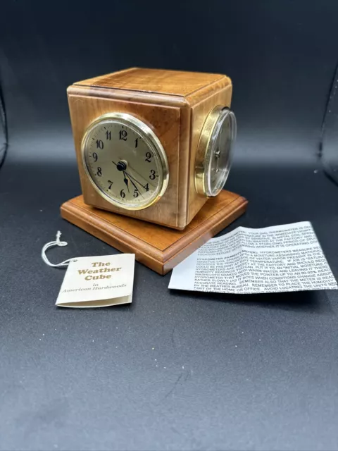 Myrtle Wood Weather Station Rotating Cube Hygrometer Thermometer Barometer Clock