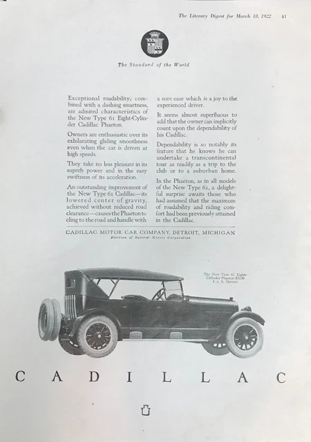 Vintage Print Ad  1922 CADILLAC-The New type 61 eight cylinder Phaeton $3150