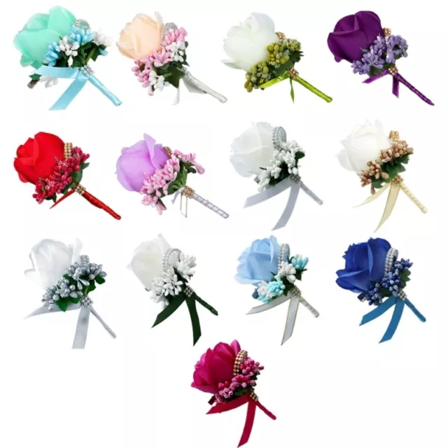 6Pcs Wedding Bouquet Corsage Fake Rose Flower Berries for Boutonniere