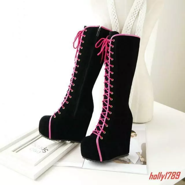 Womens Wedge Hidden round toe Heel Knee High Boots Lace up Casual Platform Shoes