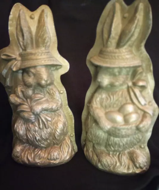 Pair  Bunny Rabbit  Chocolate  Mold Mr & Mrs Resin FAUX Tin Style 7.5 in