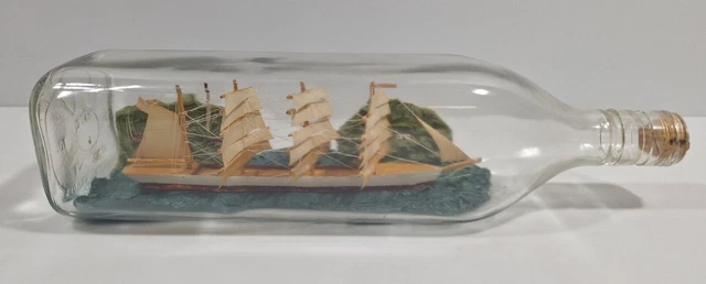 Vintage Ship in a Bottle Handmade 12" Quadruple Mast Sail Boat American Flag
