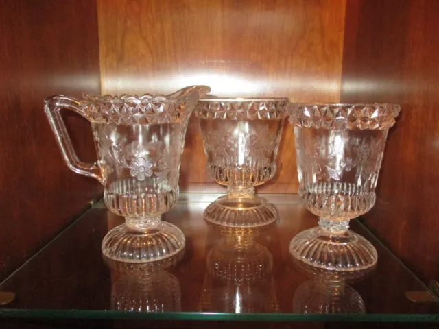 Set of 3 antique pressed glass spooner, creamer and sugar bowl