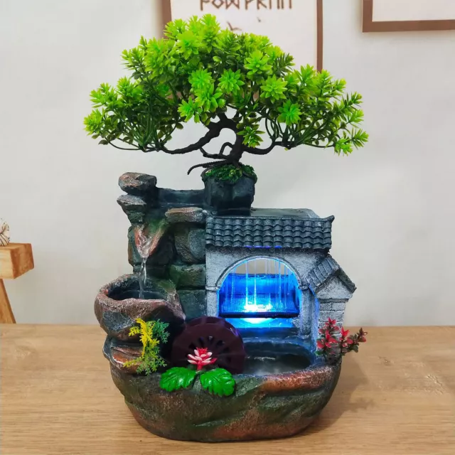 Tabletop Fountain Mini Rockery Office Home Waterfall Decor Feng Shui w/LED Light