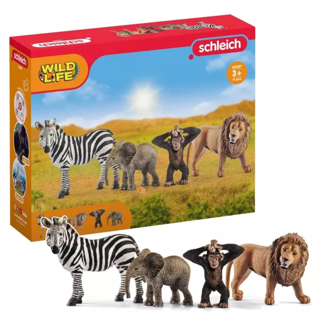 Schleich Vida Salvaje Set Básico - Safari - Bebé Elefante Chimp León Cebra