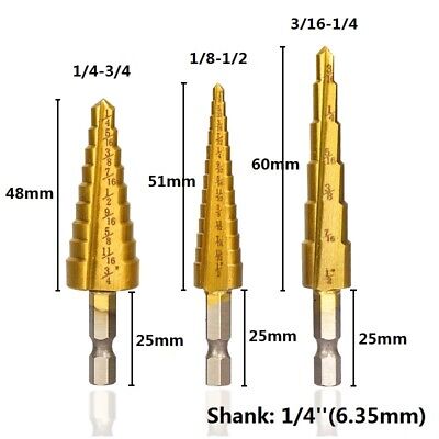 3PCS Step Drill Bit Set Titanium Coated Quick Change Multiple Hole 1/4'' Shank 3