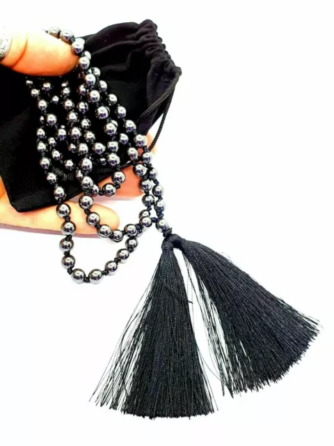 Hematite Worry Beads Mala Necklace Japa 8.5mm Knotted Prayer Bead Double Tassel 2