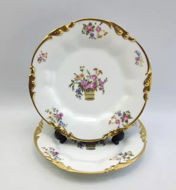 Jean Pouyat Limoges - 2x 21.5cm Salad / Dessert Plates -Floral Gold Gilt Vintage