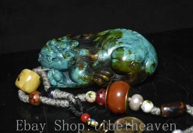 4.2" Collect Old Chinese Turquoise Beeswax Bronze Feng Shui Pixiu Beast Statue