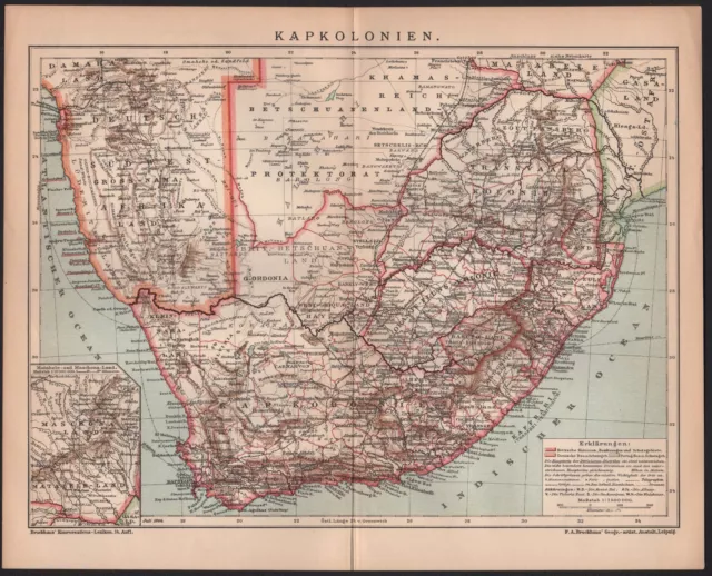 Landkarte map 1904: KAPKOLONIEN - SÜDAFRIKA. Transvaal-, Oranje-Fluss-Kolonie,