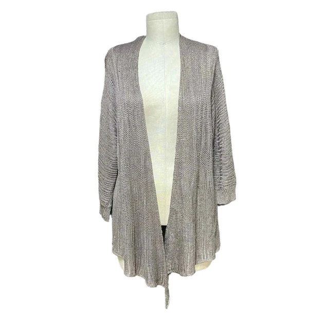 Eileen Fisher Gray Linen Silk Blend Open Knit Cardigan Sweater Size Large