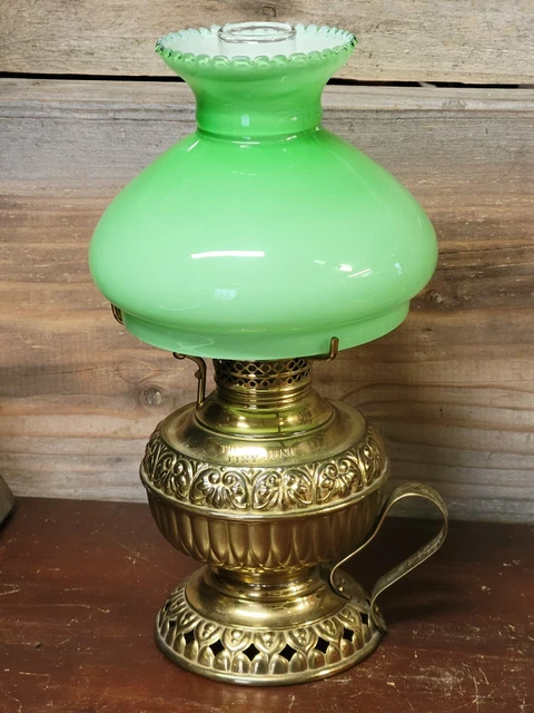 TINY JUNO Brass Miniature Oil FINGER LAMP Antique Green Cased Glass Shade 1of2
