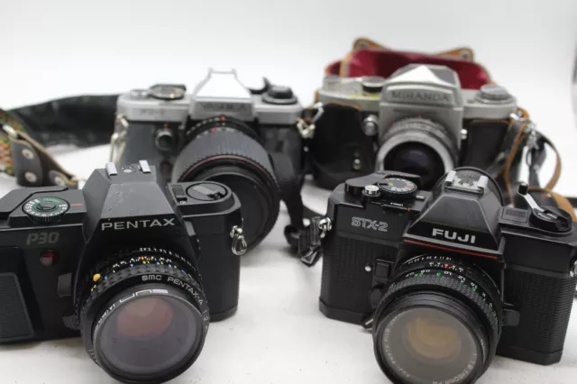 C x4 Vintage SLR Film Cameras Inc. Fuji STX-2, Pentax P30 etc