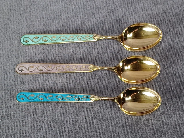 Set of 3 Mid Century TH Marthinsen Sterling Norway Gilt Enamel Demitasse Spoons