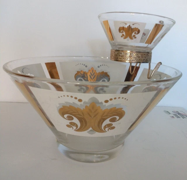 VINTAGE MCM GLASS Chip and Dip Set Gold & Frosted FleurdeLis Design