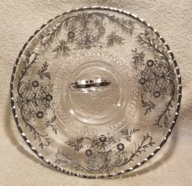 Vintage Sterling Silver Overlay Handled Clear Tidbit Tray 11"