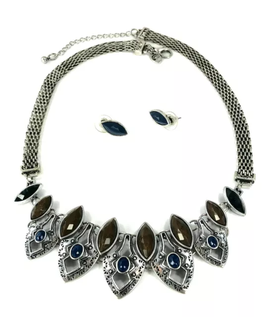 Adorable Charming Charlie Necklace Earring Set Brown Blue Silver Tone Mesh Chain