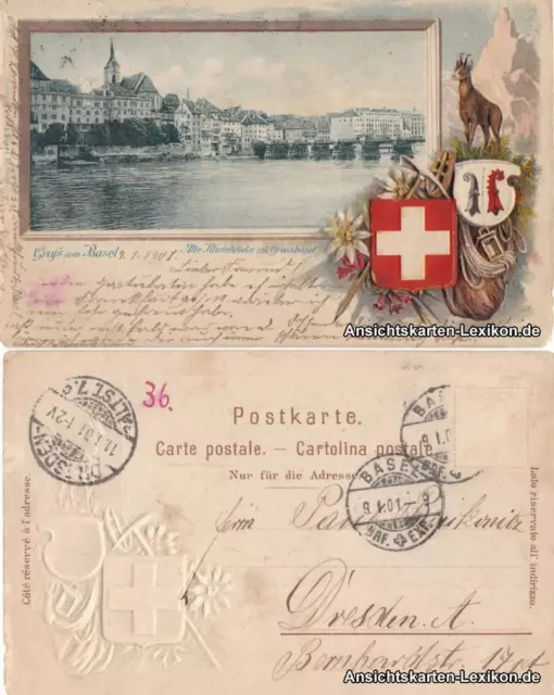 Ansichtskarte Basel Heraldik Präge AK - Alte Rheinbrücke mit Großbasel 1901