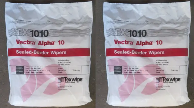 2 LOT Texwipe TX1010 Vectra Alpha 10 Dry Cleanroom Wipers 9' x 9'