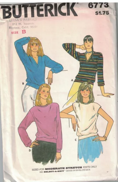 6773 Vintage Butterick SEWING Pattern Misses Loose Fitting V Neck Top UNCUT M L