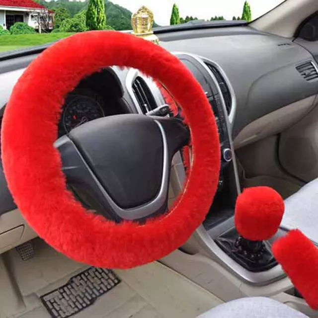 3Pcs/set Winter red soft warm plush car steering wheel cover handbrake cove-wf