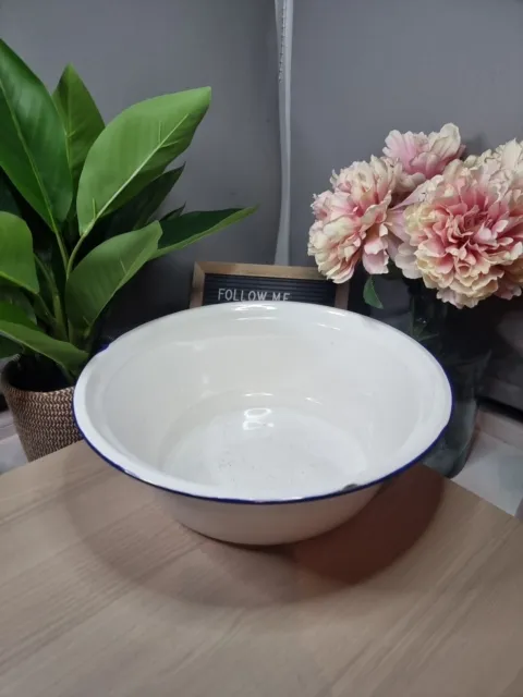 Vintage Large Enamel Blue White Washing Planter Farmhouse Country Bowl - 36cm