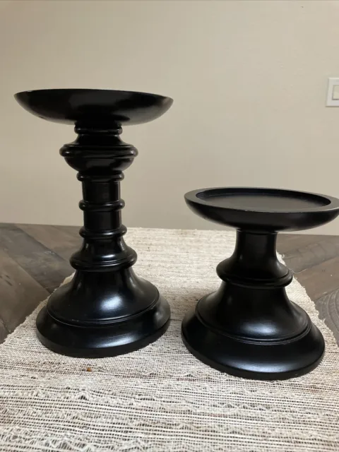 2 Pottery Barn Turned Wood Archer Pillar Candle Holders  6" + 10”