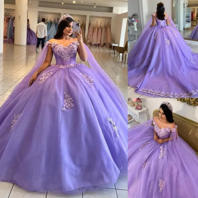 Princess Purple Quinceanera Dresses with Cape Sweet 15 16 Prom Party Ball Gowns