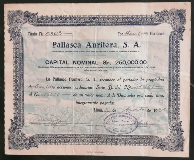PERU share 10 soles oro gold mining Pallasca Aurífera 1935, Imprenta "Americana"