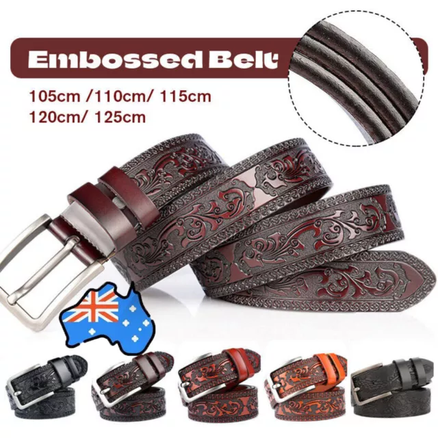 Mens Luxury Genuine Leather Embossed Belt Vintage Pattern Pin Buckle Waistband