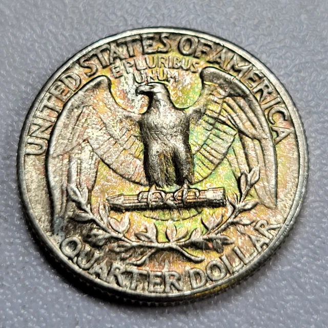 1964 25c Washington Quarter LIME GREEN RAINBOW TONED 90% Silver BU UNC (C216)