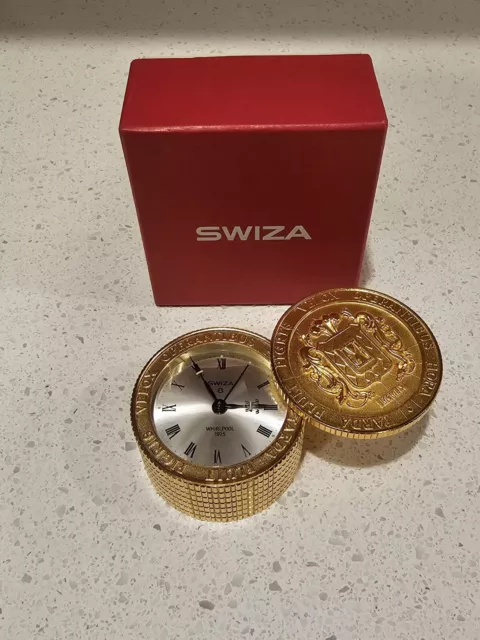 Vintage Swiza 8 Whirlpool 1975 Gold Tone Coin Stack Alarm Clock Swiss Made WORKS