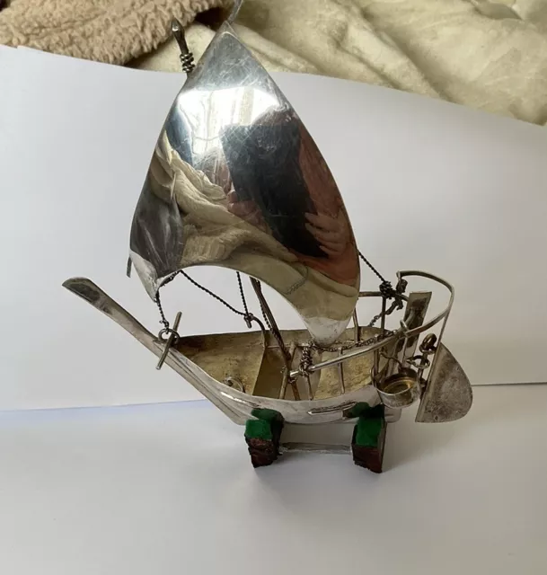 Oriental Chinese junk boat in solid silver with stand