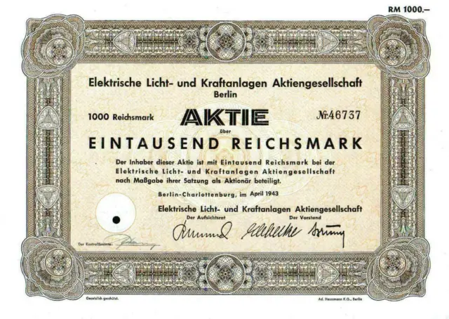 50 X Elektrische Licht- und Kraftanlagen Aktiengesellschaft Berlin 1943 1000 RM